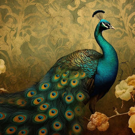 Golden Peacock A1 Decoupage Paper | Three Yellow Goats | Regal Bird on Golden Background Design