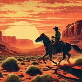 Lone Rider A1 Decoupage Paper | Three Yellow Goats | Silhouetted Cowboy Red Sunset Desert Design