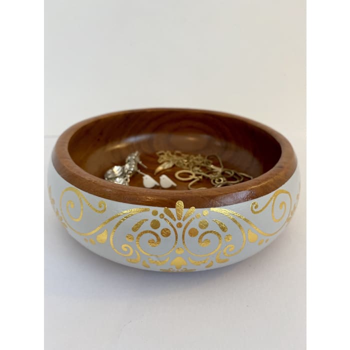 Gilded Flourish Teak Trinket Dish | LITTLE WHITE BIRD | 15cm