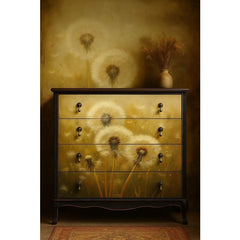 A1 & A3 Dandelion Decoupage Paper by Mint by Michelle | Delicate Dandelions Amid Floating Seeds | Golden Botanical Art for Furniture, Crafts