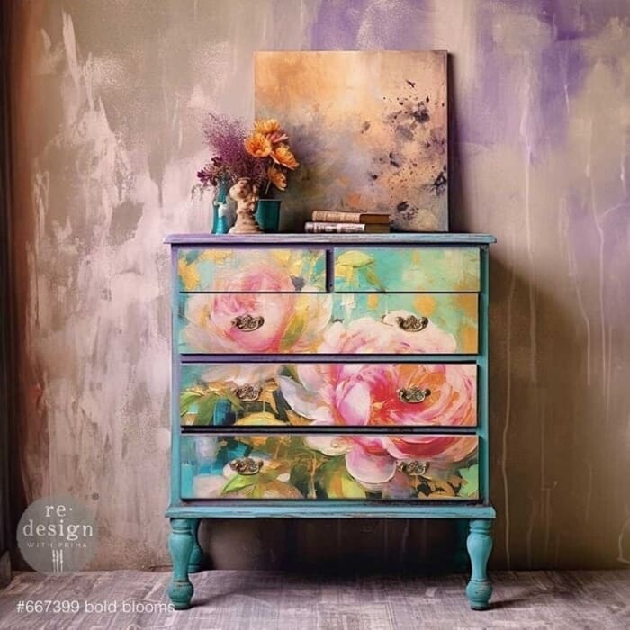 Huge pink flowers form the central focus of Redesign With Prima’s new Bold Blooms A1 Fibre Decoupage Paper, contrasting fabulously with their green leaves and the bright aqua background.
