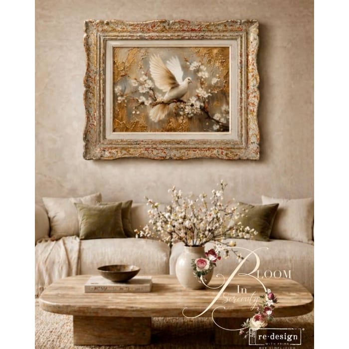 Alabaster Grace decoupage paper by Redesign with Prima x Kacha Furniture displayed in frame on wall as decorative dove and floral wall art