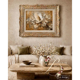 Alabaster Grace decoupage paper by Redesign with Prima x Kacha Furniture displayed in frame on wall as decorative dove and floral wall art
