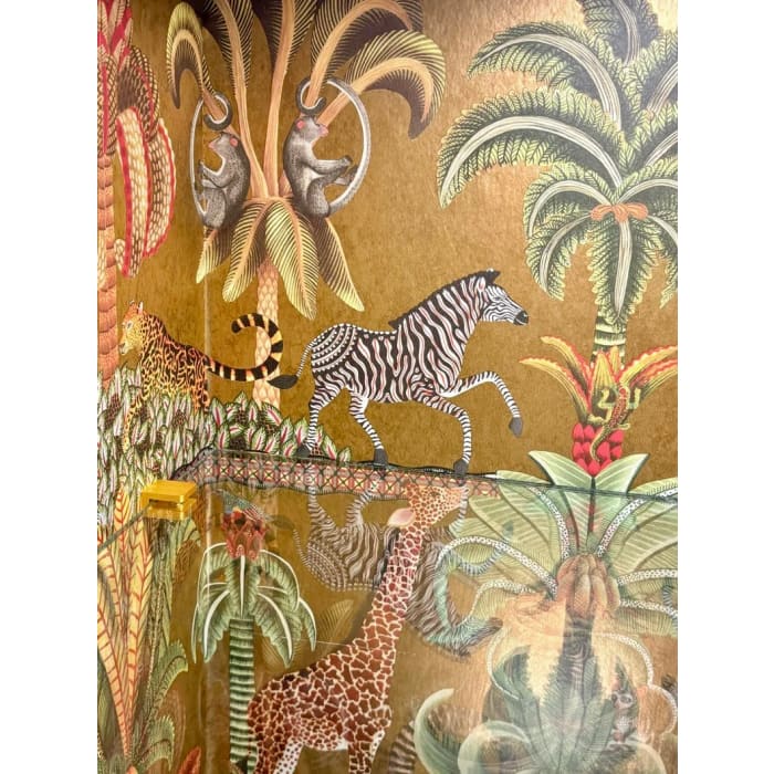 Decorative interior artwork inside Victorian display cabinet