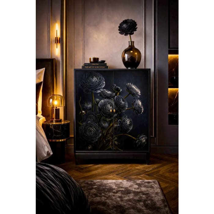Upcycled cabinet with Midnight Ranunculus black floral decoupage paper by Mint by Michelle UK