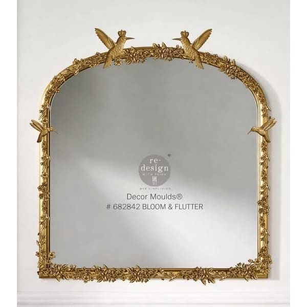 Bloom & Flutter silicone mould appliqué pieces by Redesign with Prima applied to gold mirror frame for decorative furniture styling