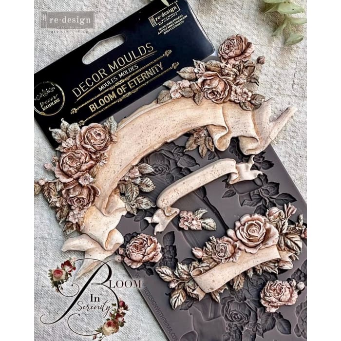 Bloom Of Eternity floral and ribbon appliqué pieces by Redesign with Prima, painted and finished for furniture decoration and personalised décor