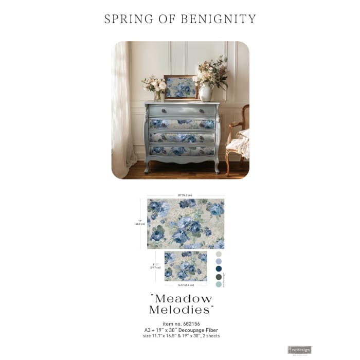 Blue Floral Decoupage Paper for Furniture | Meadow Melodies | Redesign with Prima Two-Pack