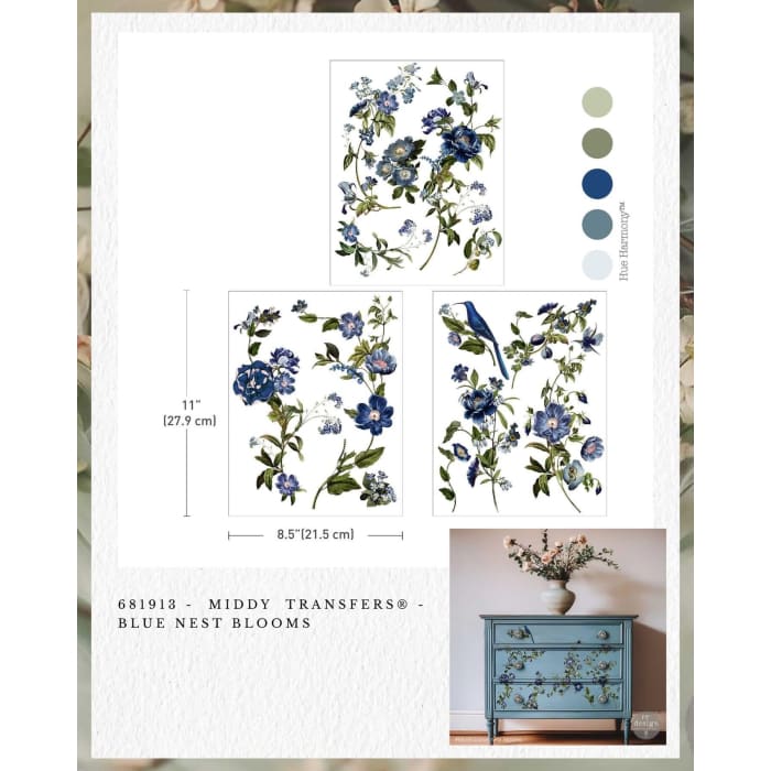 Blue Floral Middy Transfer | Blue Nest Blooms | Redesign with Prima Rub On