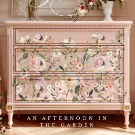 Blush Harmony Decor Transfer by Redesign with Prima applied to pink chest of drawers featuring soft blush floral design