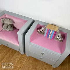 Top view of children’s reading seat & bookcase set in grey and pink by Belton & Bumble