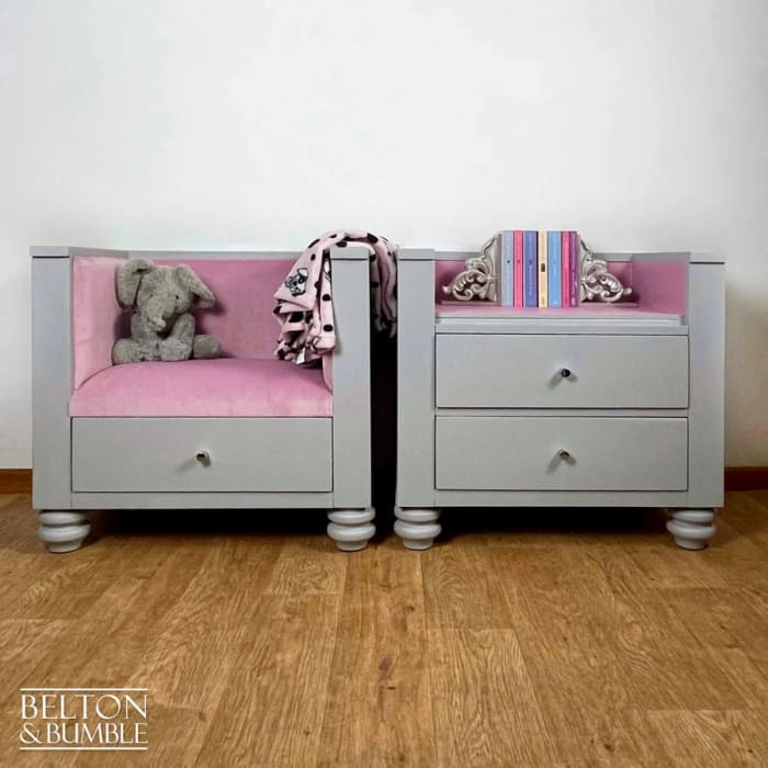 Front view of children’s matching reading seat & bookcase set in grey and pink by Belton & Bumble
