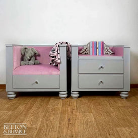 Front view of children’s matching reading seat & bookcase set in grey and pink by Belton & Bumble