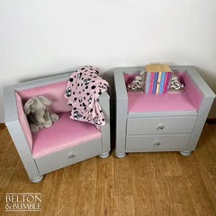 Angled view showing hand-painted grey and pink finish on kids reading seat and bookcase