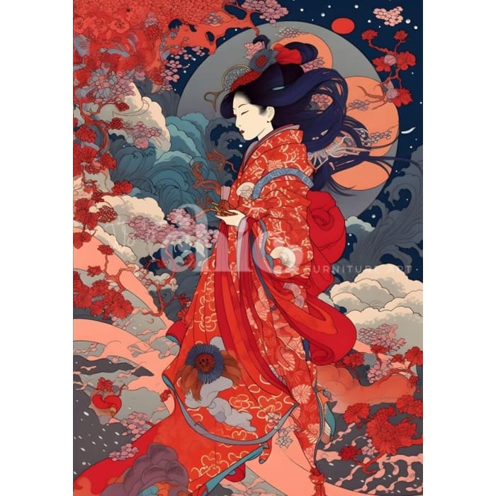 Decoupage poster showing a Japanese woman in flowing traditional red garb against a backdrop of the moon and clouds, predominately in shades of blue and white.