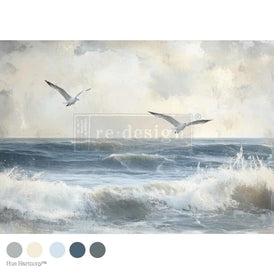 Echoes On The Water decoupage tissue paper by Redesign with Prima featuring seabirds and soft coastal wave design for furniture upcycling and seaside décor