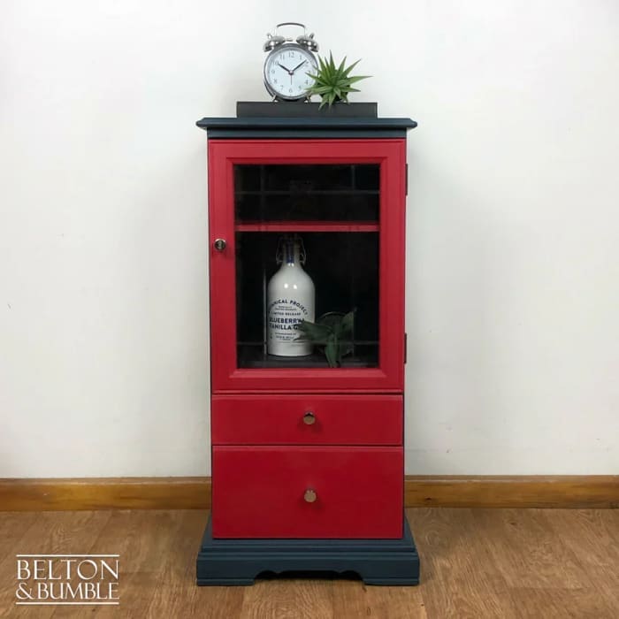 Hand painted glass door drinks cabinet in blue and red by Belton & Bumble, vintage display cabinet front view