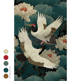 Grace In Flight decoupage tissue paper by Redesign with Prima featuring cranes, florals and jewel-toned design for furniture upcycling and statement décor