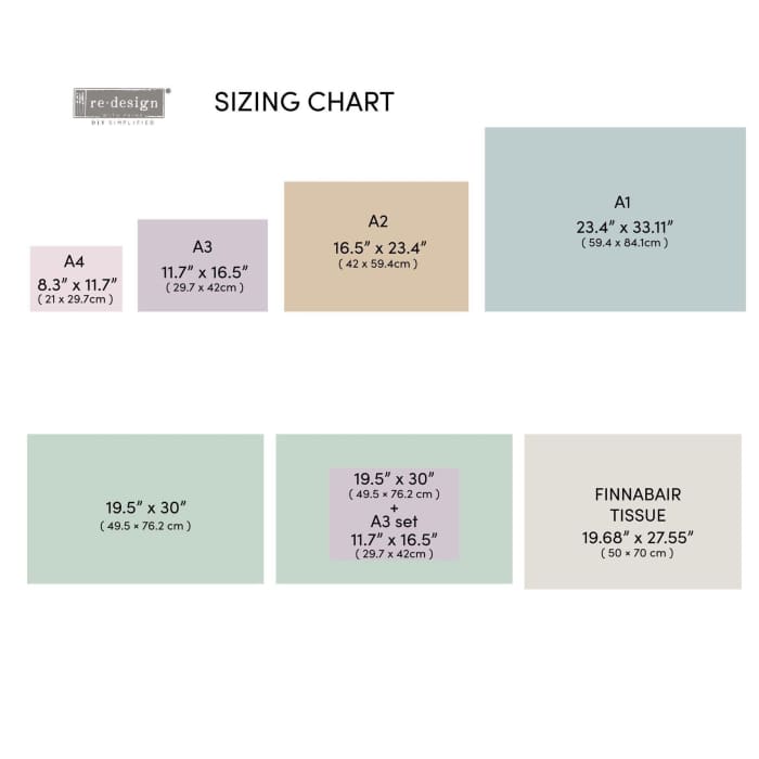 Redesign with Prima Sizing Chart showing sheet size comparison for furniture and craft projects