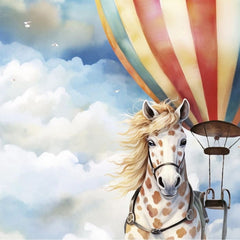 High in the Sky A1 Decoupage Paper | Piebald Horse & Hot Air Balloon in Cloudy Sky Design for Furniture, Art Projects | Three Yellow Goats