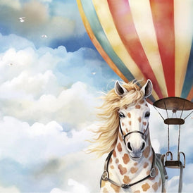 High in the Sky A1 Decoupage Paper | Piebald Horse & Hot Air Balloon in Cloudy Sky Design for Furniture, Art Projects | Three Yellow Goats