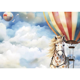 High in the Sky A1 Decoupage Paper | Piebald Horse & Hot Air Balloon in Cloudy Sky Design for Furniture, Art Projects | Three Yellow Goats