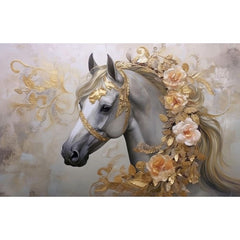 Horse Garland A1 Decoupage Paper | Grey Horse with Peach Flowers & Gold Leaves Design for Furniture, Craft Projects | Three Yellow Goats