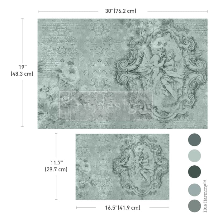 JARDIN DES CHÉRUBINS Decoupage Tissue Paper Set by Redesign With Prima 19.5x30” & A3 (11.7x16.5”) | Sage Green Cherub Craft Paper