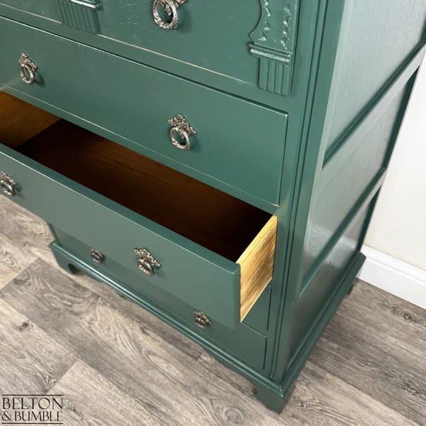 Drawer side interior of jewel green chest of drawers treated with citrus scented woodbalm