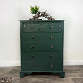 Front view of jewel green chest of drawers with five full-width drawers by Belton & Bumble
