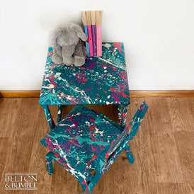 Front view of kids teal table & chair set with Paintsplat design by Belton & Bumble