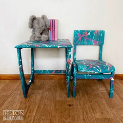 Chair detail of teal children’s chair with playful Paintsplat design