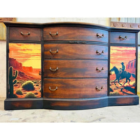 Lone Rider A1 Decoupage Paper | Three Yellow Goats | Silhouetted Cowboy Red Sunset Desert Design