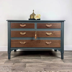 Front view of mahogany & walnut chest of drawers in green vintage finish by Belton & Bumble