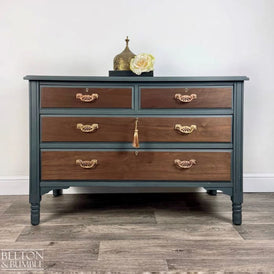 Front view of mahogany & walnut chest of drawers in green vintage finish by Belton & Bumble