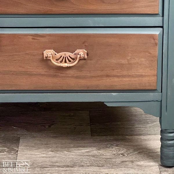Drawer pull and hardware detail on restored mahogany walnut chest