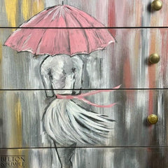 Closeup of original hand-painted drawer front artwork by Shelley Hudson on mid-century chest of drawers