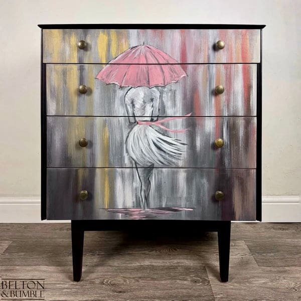 Original hand-painted drawer front artwork by Shelley Hudson on mid-century chest of drawers