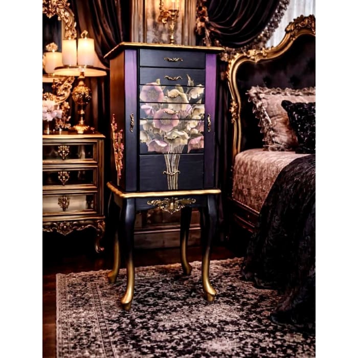 Statement upcycled cabinet with bold Still in Bloom floral decoupage paper in dark romantic style