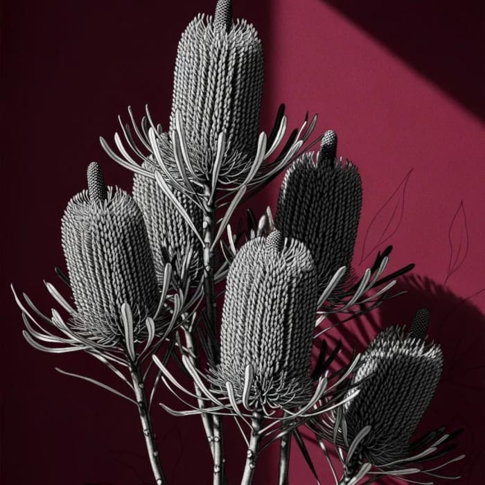 Close-up of Wine Banksia decoupage paper showing grey banksia stems and rich wine background