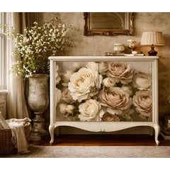 Upcycled shabby chic furniture with Vintage Cream rose decoupage paper by Mint by Michelle UK