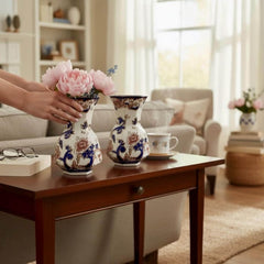 Pair of Vintage Mason’s Ironstone Blue Mandalay Hydra Vases – Octagonal Medium 16cm Vases | Cobalt & Gold Chinoiserie Porcelain