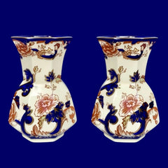 Pair of Vintage Mason’s Ironstone Blue Mandalay Hydra Vases – Octagonal Medium 16cm Vases | Cobalt & Gold Chinoiserie Porcelain
