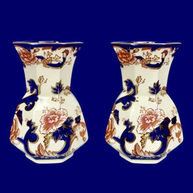 Pair of Vintage Mason’s Ironstone Blue Mandalay Hydra Vases – Octagonal Medium 16cm Vases | Cobalt & Gold Chinoiserie Porcelain