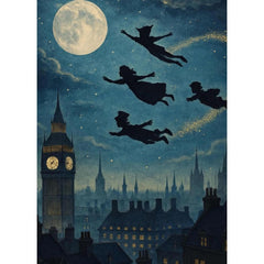 Peter Pan A1 Decoupage Paper | Peter Pan, Wendy, John & Michael Flying Over Night Sky Design for Furniture Projects | Three Yellow Goats