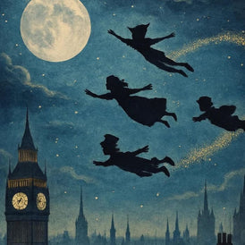 Peter Pan A1 Decoupage Paper | Peter Pan, Wendy, John & Michael Flying Over Night Sky Design for Furniture Projects | Three Yellow Goats