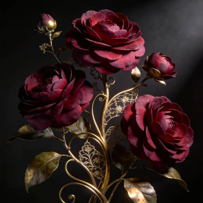 Close-up of Gilded Bloom decoupage paper showing deep red roses and ornate gold leaves