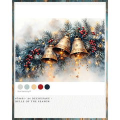Redesign With Prima BELLE of the SEASON A4 Decoupage Fibre Paper | Gold Bells & Frosted Boughs Christmas Craft Paper UK