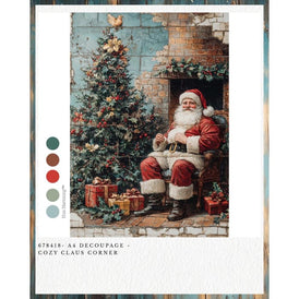 Redesign With Prima COZY CLAUS CORNER A4 Decoupage Fibre Paper | Vintage Santa Claus by the Xmas Tree Christmas Craft Paper