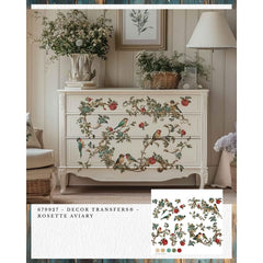 Redesign With Prima ROSETTE AVIARY Furniture Transfer 24” x 35” | Songbirds, Rosettes & Branches for Holiday Furniture, Walls, Mixed-Media
